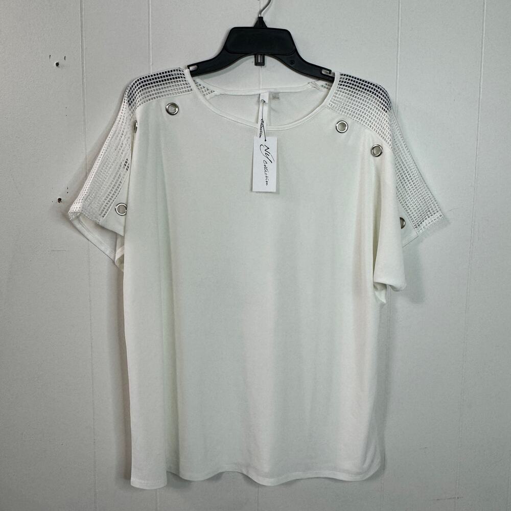 NY Collection Womens Blouse Size Large White Short Sleeve Mesh Shoulders Eyelets